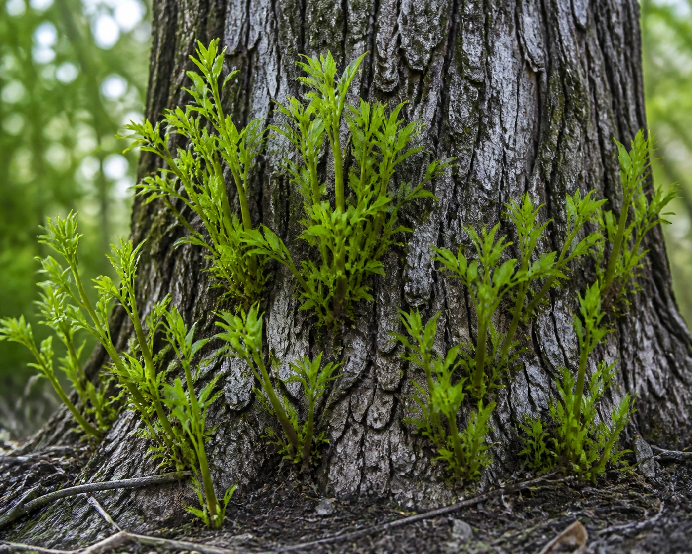 New epicormic shoots sprouting from an ash tree trunk, indicating stress from emerald ash borer damage.